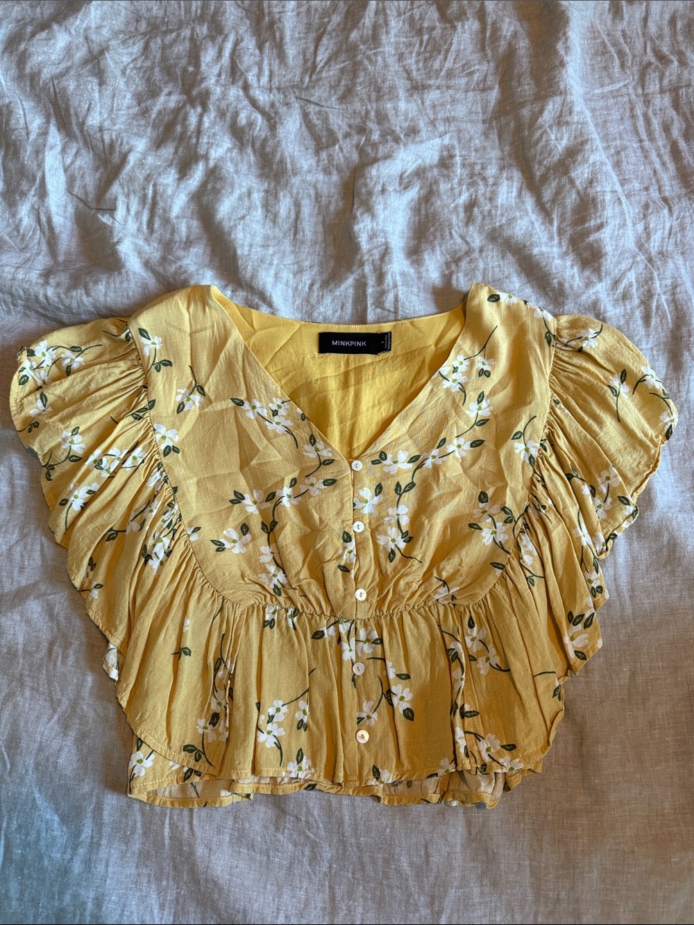 MINKPINK Yellow Floral Ruffle Crop Top